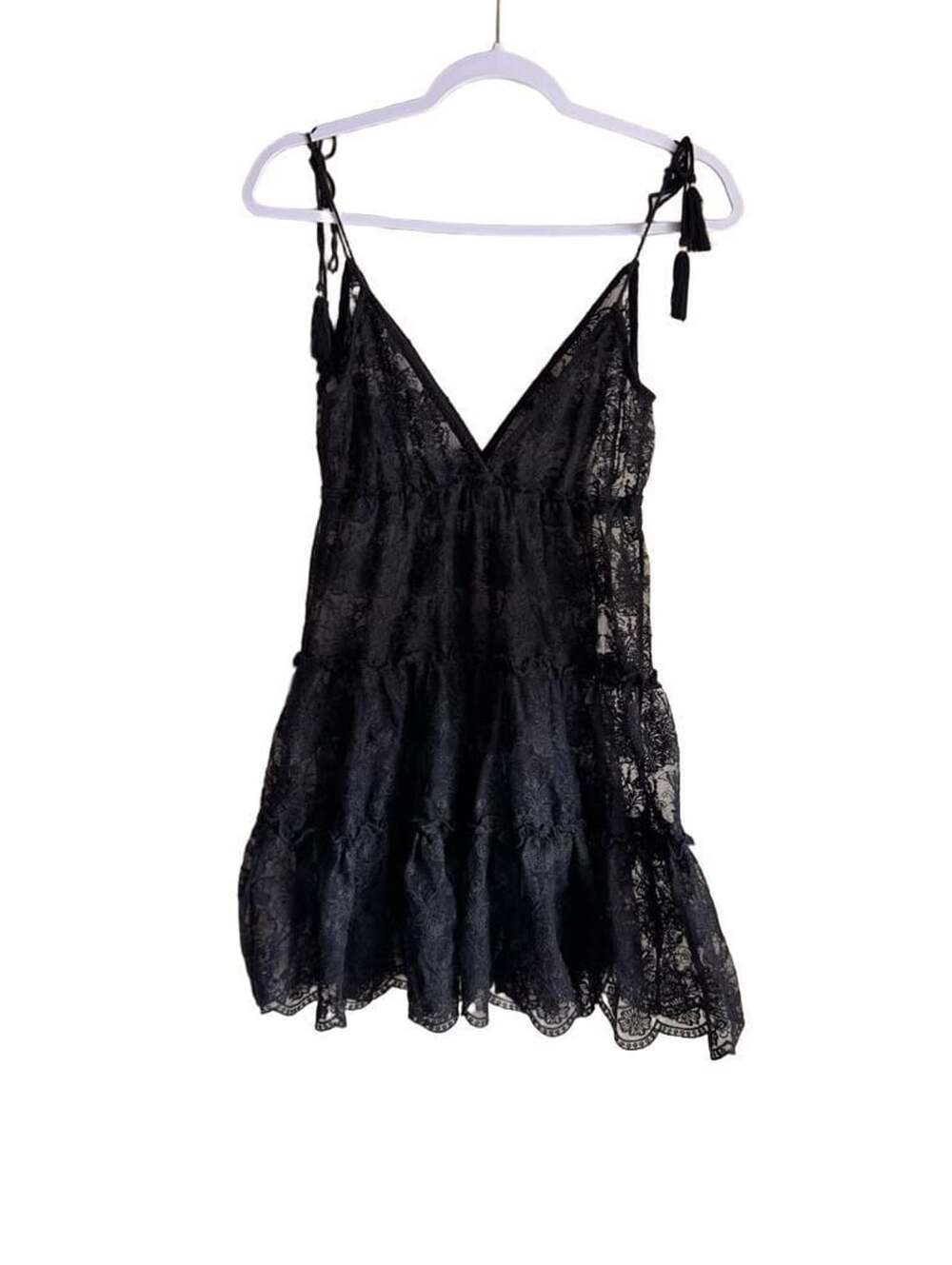 Miss Selfridge Black Lace Tiered Mini Dress With Tassel Straps
